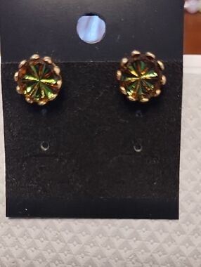 Gold-Tone Green Iridescent Round Stud Earrings